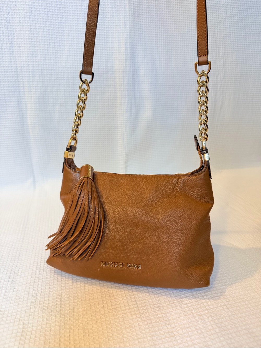 Michael Kors Cognac Leather Shoulder Bag with Tassel and Chain Strap